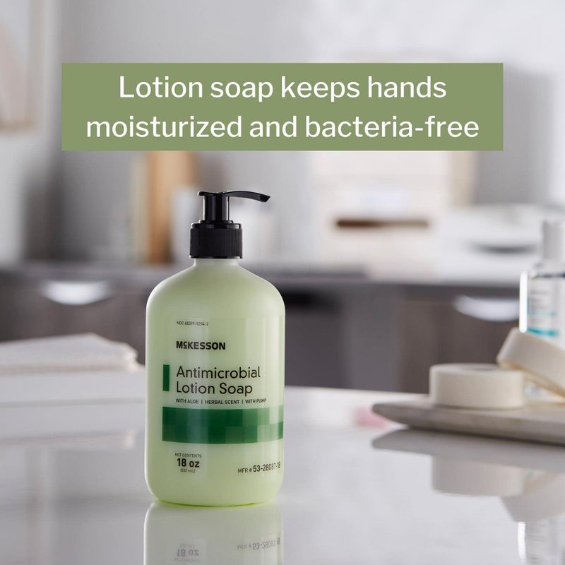McKesson Antimicrobial Lotion Hand Soap with Aloe, 18 oz Pump Bottle [Pack of 1] - Herbal Scent, Keeps Hands Clean and Moisturized, Medical-Grade Soap - Image 2