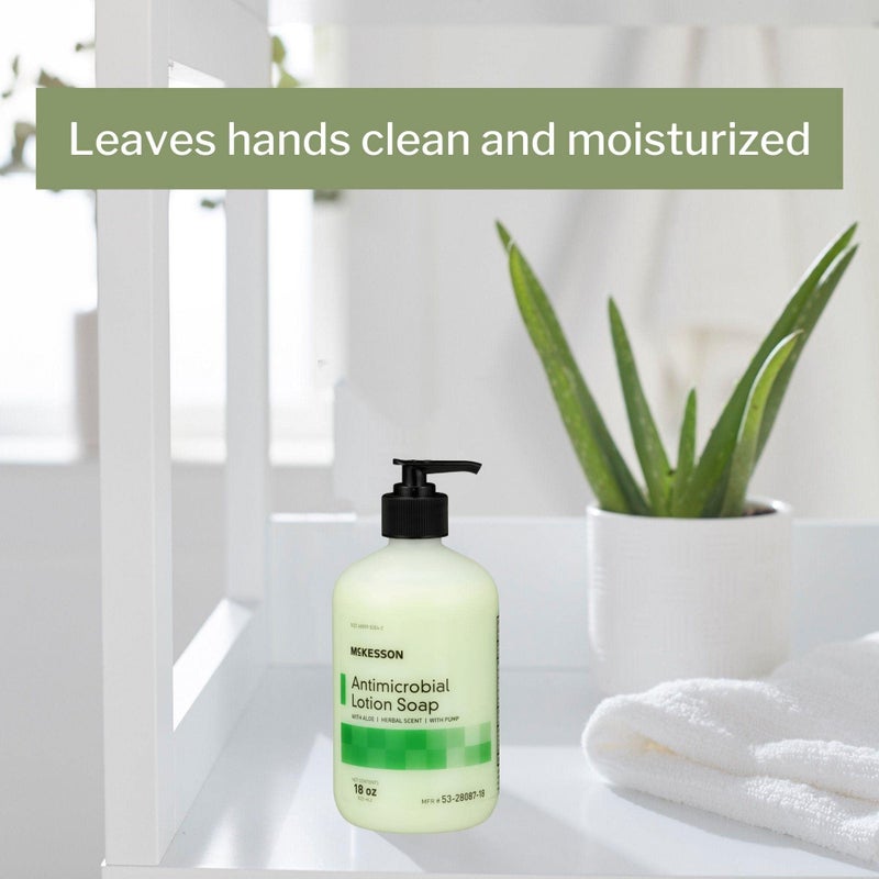 McKesson Antimicrobial Lotion Hand Soap with Aloe, 18 oz Pump Bottle [Pack of 1] - Herbal Scent, Keeps Hands Clean and Moisturized, Medical-Grade Soap - Image 4