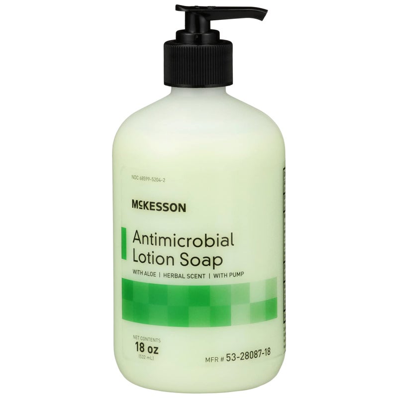 McKesson Antimicrobial Lotion Hand Soap with Aloe, 18 oz Pump Bottle [Pack of 1] - Herbal Scent, Keeps Hands Clean and Moisturized, Medical-Grade Soap - Image 1