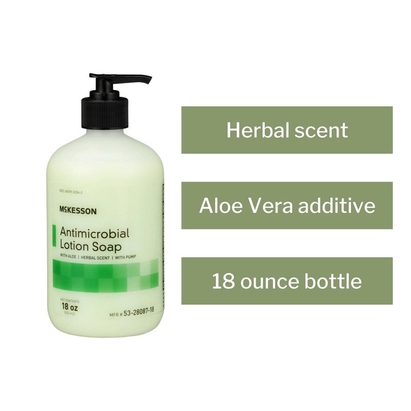 McKesson Antimicrobial Lotion Hand Soap with Aloe, 18 oz Pump Bottle [Pack of 1] - Herbal Scent, Keeps Hands Clean and Moisturized, Medical-Grade Soap - Image 3