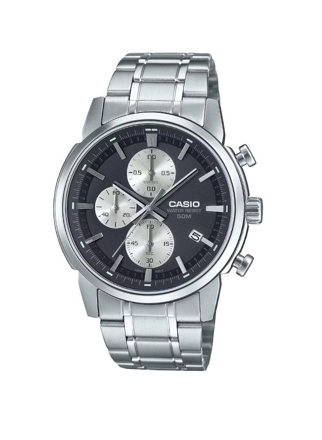 كاسيو ساعة كاسيو MTP-E510D-1A2VDF للرجال، كرونوغراف تناظري، ستانلس ستيل، ميناء أسود مع لمسات زرقاء، عرض التاريخ، مقاومة للماء، ساعة يد أنيقة للعمل والمناسبات غير الرسمية - Image 1