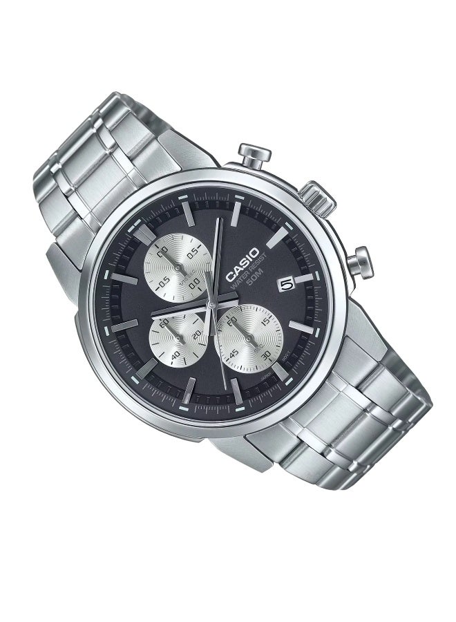 كاسيو ساعة كاسيو MTP-E510D-1A2VDF للرجال، كرونوغراف تناظري، ستانلس ستيل، ميناء أسود مع لمسات زرقاء، عرض التاريخ، مقاومة للماء، ساعة يد أنيقة للعمل والمناسبات غير الرسمية - Image 2