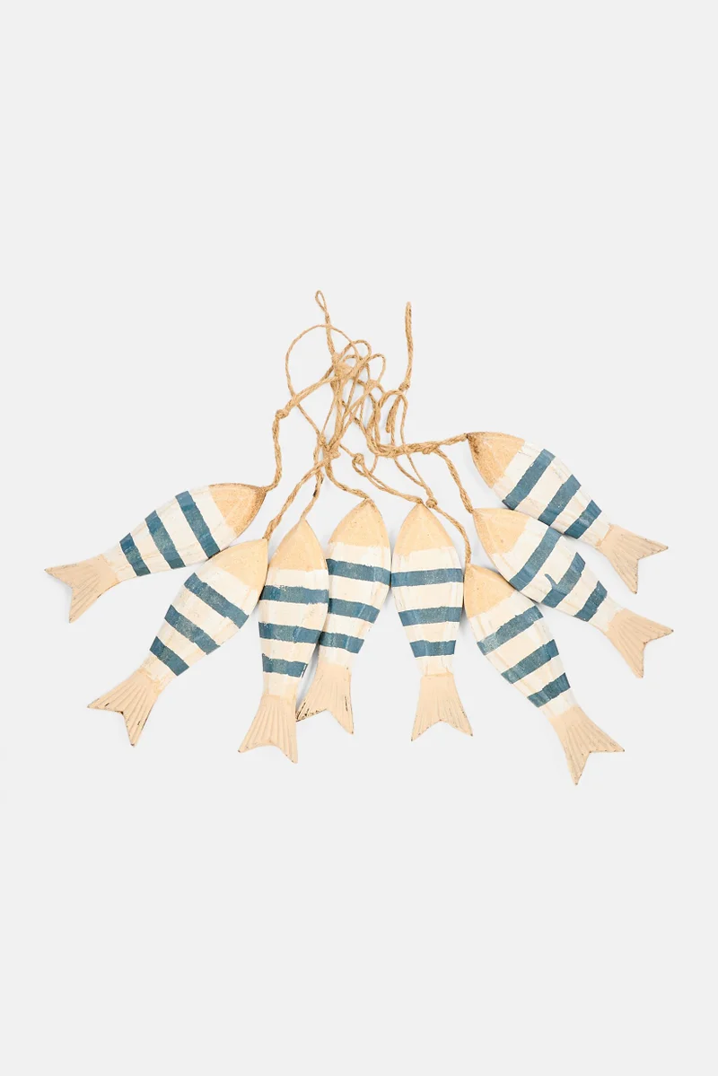 Muy Mucho 8 Pieces Wooden Fish Decoration, White/Blue