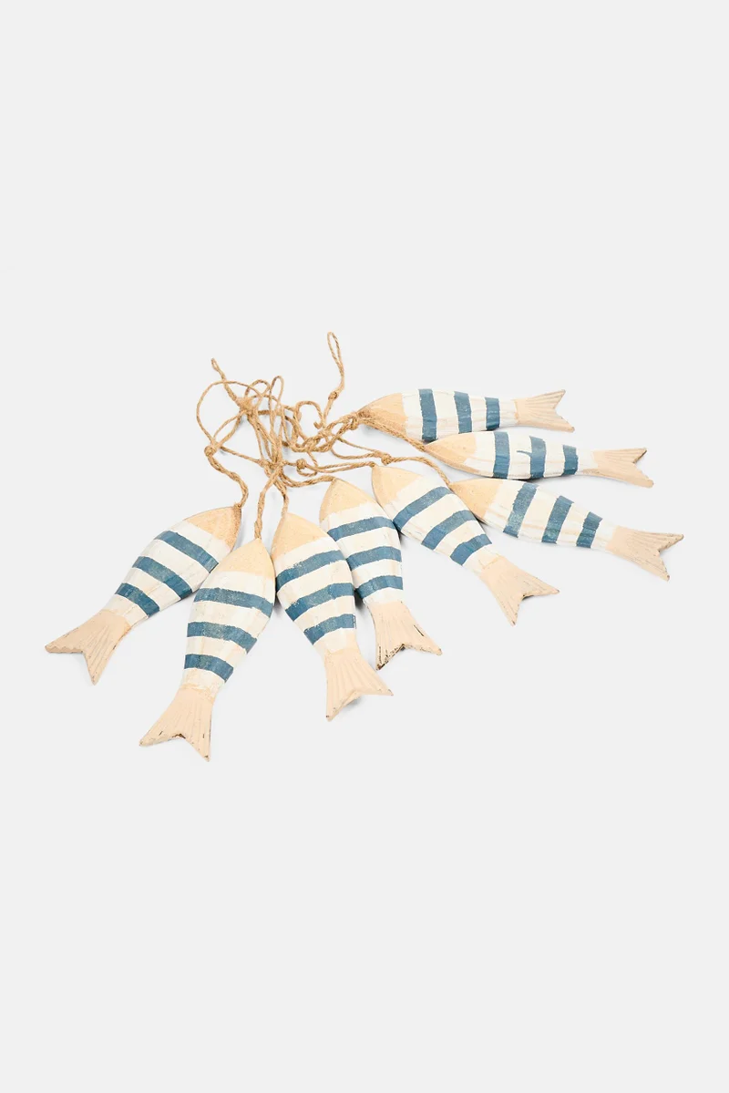 Muy Mucho 8 Pieces Wooden Fish Decoration, White/Blue