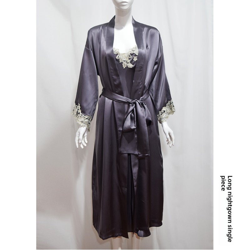 22 New LP Silk Nightgown Lace Trim Set Long purple gray robe