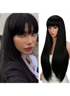 Kalyss 28 inches Women's Silky Long Straight Black Wig Heat Resistant Synthetic Wig With Bangs Hair Wig for Women  - Image 1