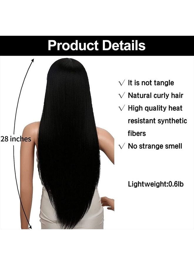 Kalyss 28 inches Women's Silky Long Straight Black Wig Heat Resistant Synthetic Wig With Bangs Hair Wig for Women  - Image 5