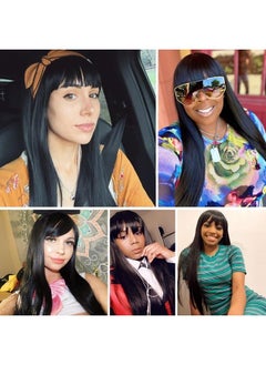 Kalyss 28 inches Women's Silky Long Straight Black Wig Heat Resistant Synthetic Wig With Bangs Hair Wig for Women  - Image 4