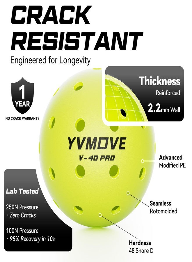 كرات بيكلبول خارجية YVMOVE V40Pro - مصبوبة دورانياً بسلاسة لمقاومة التشقق - ارتداد وطيران وفقًا لمعايير USAPA - كرات بيكلبول خضراء نيون ذات 40 ثقبًا للبطولات/الألعاب العائلية (عبوة من 3/عبوة من 12) - Image 3