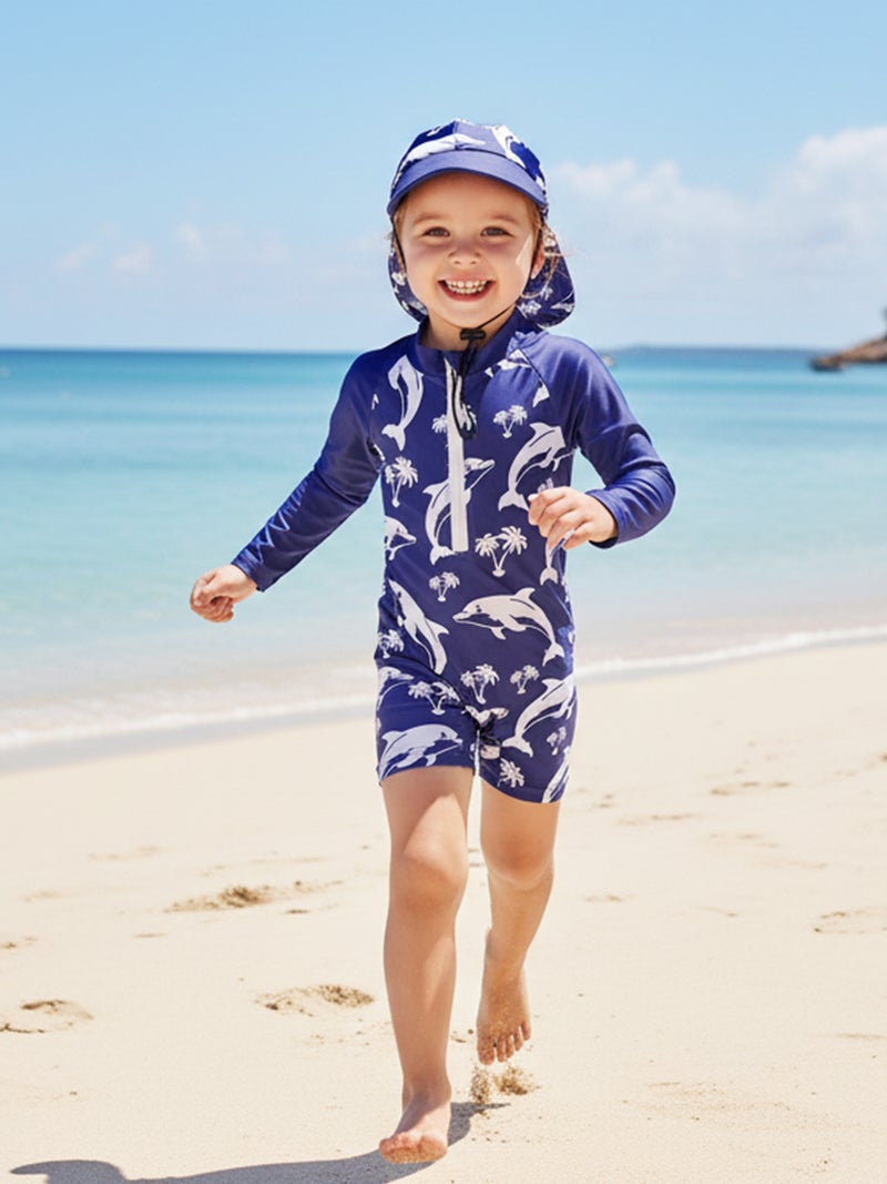Toddler Baby Rash Guard Swimsuit Cute Shark Print Zipper Long Sleeve Bathing Suit with Swim Cap - Image 5