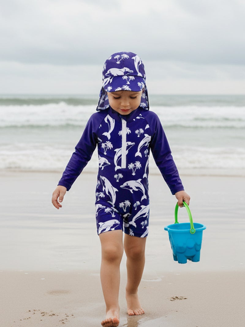 Toddler Baby Rash Guard Swimsuit Cute Shark Print Zipper Long Sleeve Bathing Suit with Swim Cap - Image 1