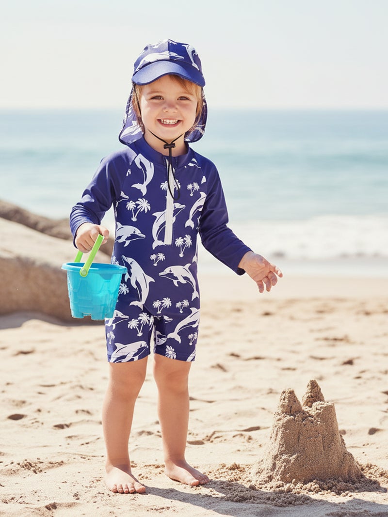 Toddler Baby Rash Guard Swimsuit Cute Shark Print Zipper Long Sleeve Bathing Suit with Swim Cap - Image 3