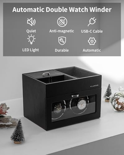 Vlando Automatic Double Watch Winder for Men - Watch Winder Box with Jewelry Organizer Tray for Father Husband Dad, Japanese Quiet Motor, LED Light, Adjustable Watch Pillows - Black - Image 2