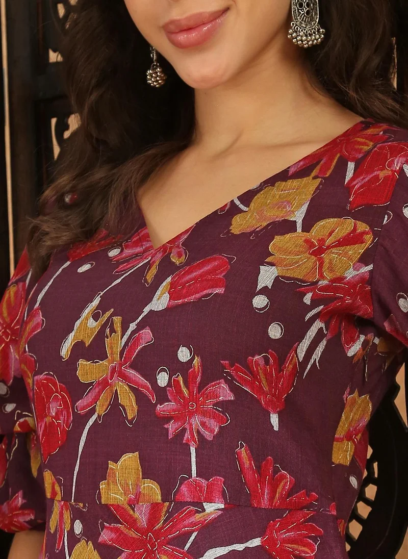 globus  Globus Women Purple V-Neck Puff Sleeves Gold Foil Floral Print Flared Hem A-Line Midi Fusion Dress for Women | Best Price UAE