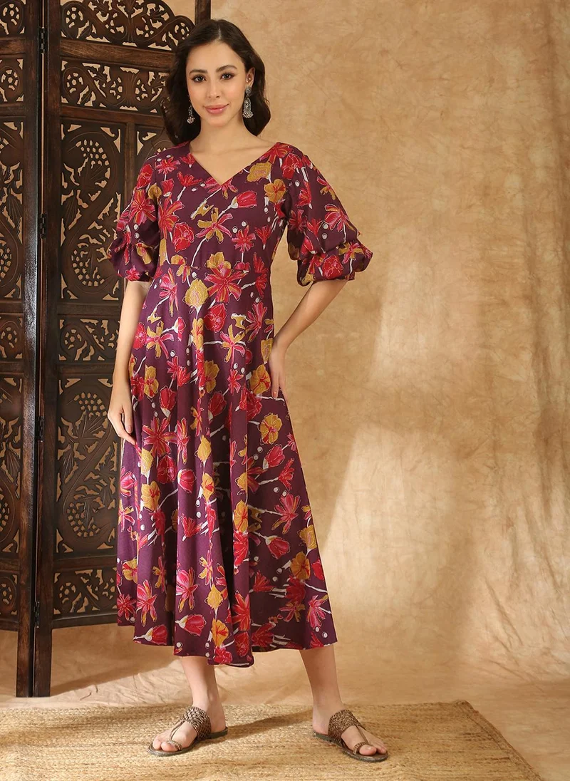 جلو باص Globus Women Purple V-Neck Puff Sleeves Gold Foil Floral Print Flared Hem A-Line Midi Fusion Dress