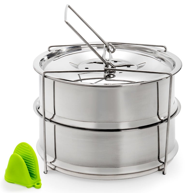 WUWEOT Stackable Steamer Insert Pans, 7.8 Inches Stainless Steel Pot-in-Pot Baking Pan, 2 Tier Pressure Cooker Accessories with Sling Handle and Silicone Gloves for Instant Pot - Image 3