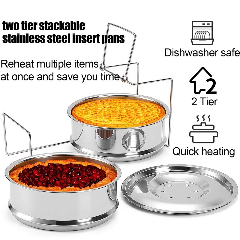 WUWEOT Stackable Steamer Insert Pans, 7.8 Inches Stainless Steel Pot-in-Pot Baking Pan, 2 Tier Pressure Cooker Accessories with Sling Handle and Silicone Gloves for Instant Pot - Image 4