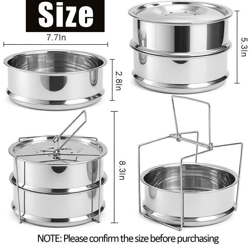 WUWEOT Stackable Steamer Insert Pans, 7.8 Inches Stainless Steel Pot-in-Pot Baking Pan, 2 Tier Pressure Cooker Accessories with Sling Handle and Silicone Gloves for Instant Pot - Image 2