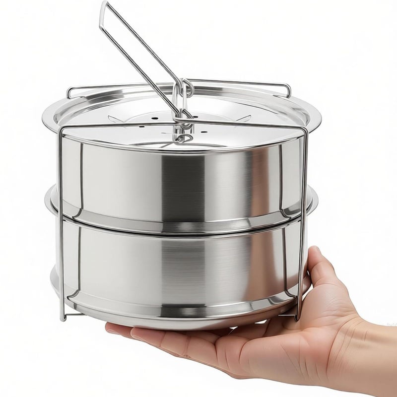 WUWEOT Stackable Steamer Insert Pans, 7.8 Inches Stainless Steel Pot-in-Pot Baking Pan, 2 Tier Pressure Cooker Accessories with Sling Handle and Silicone Gloves for Instant Pot - Image 5