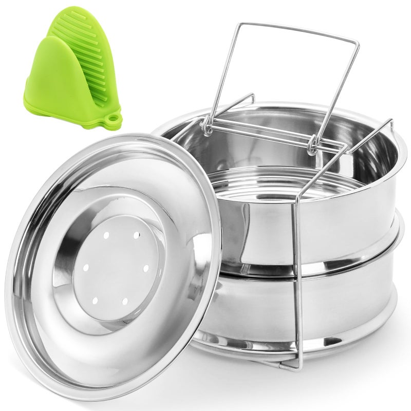 WUWEOT Stackable Steamer Insert Pans, 7.8 Inches Stainless Steel Pot-in-Pot Baking Pan, 2 Tier Pressure Cooker Accessories with Sling Handle and Silicone Gloves for Instant Pot - Image 1