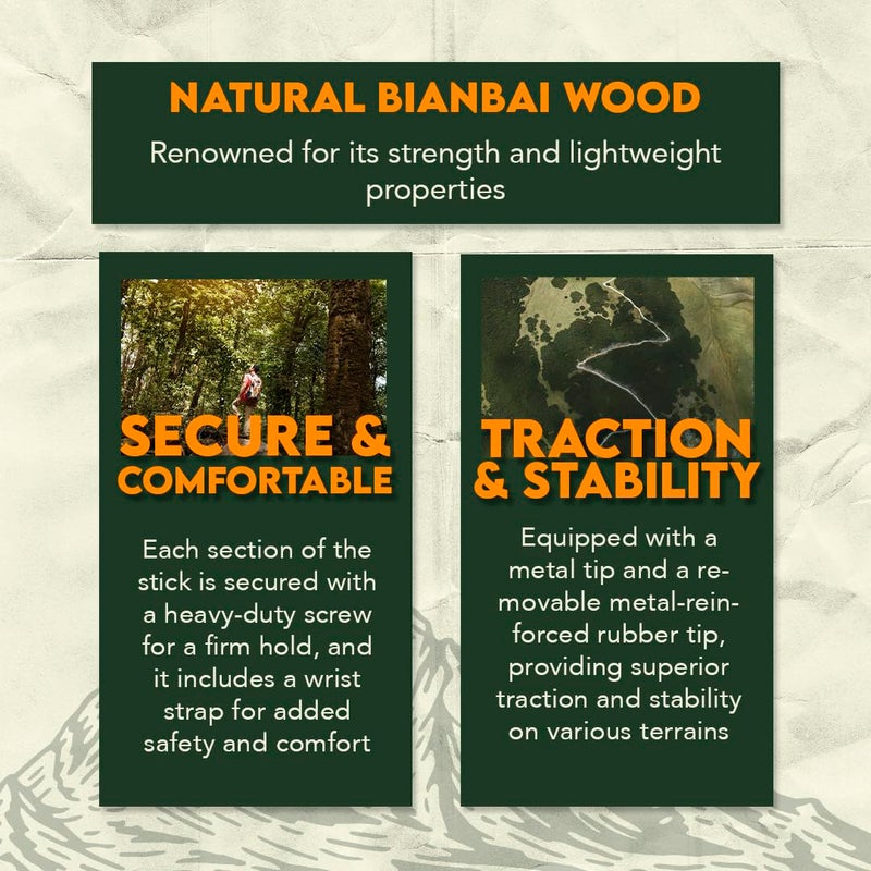 SE 3 Piece 55" Detachable Wood Walking/Hiking Stick - Asian Bianbai with Metal Tip, Reinforced Rubber Tip, and Water-Resistant Travel Pouch - Portable and Durable for Outdoor Adventures - Image 2