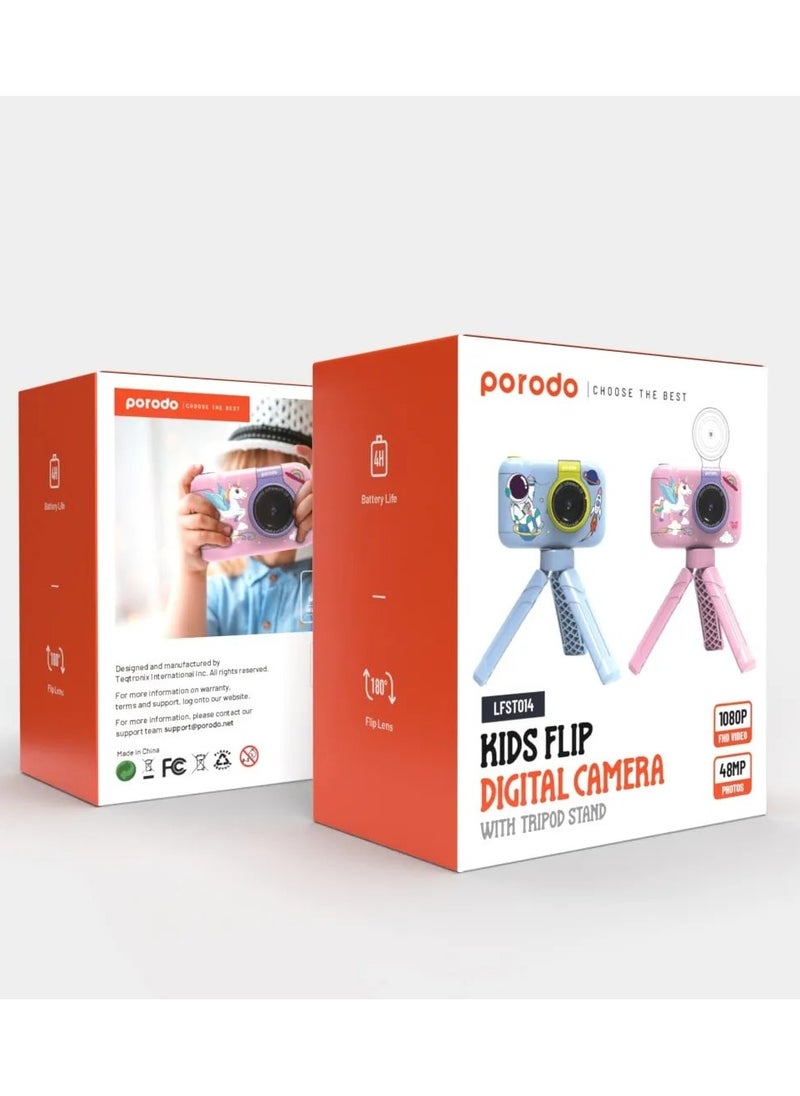 porodo - Flip Digital Camera for Kids with Tripod Stand and 2.4" Wide Screen / 4H Battery Life / 48MP Image Resolution / 180° Flip Lens - Blue - Image 1