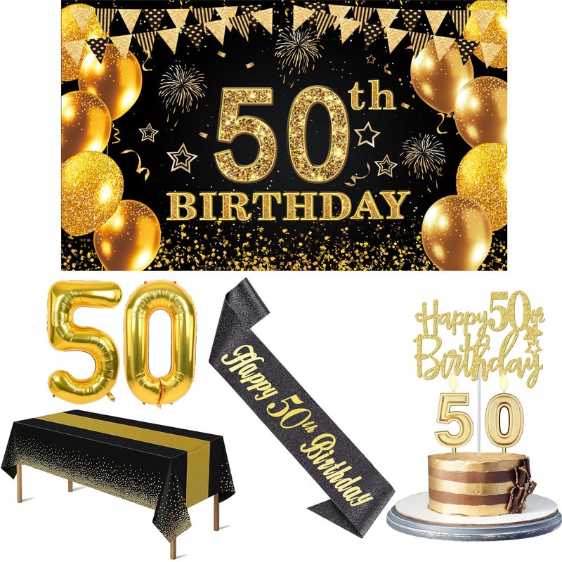 50th Birthday Decorations Men Women with 50th Birthday Banner Black and Gold Table Cloth Number Balloons Large Sash Cake Topper and Candles