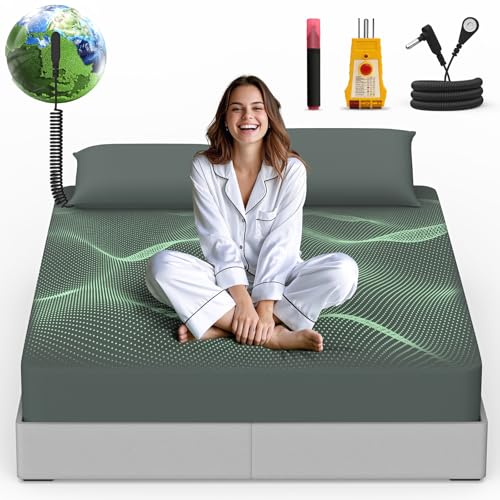 Reaks Grounding Sheets King Size, 95% Cotton + 5% Pure Silver Fiber, Fitted Bed Sheet with Deep Pocket Up to 15'', Earthing Mattress Pad with Grounding Cord - Image 1
