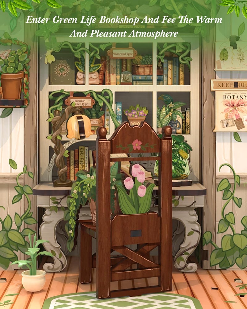Cutefun Book Nook Kit - DIY Miniature Dollhouse Booknook Kit for Adults and Teens, 3D Wooden Puzzle Bookshelf Insert Decor with LED Light, Gifts for Book Lovers and Beginners (Green Life Bookshop) - Image 4