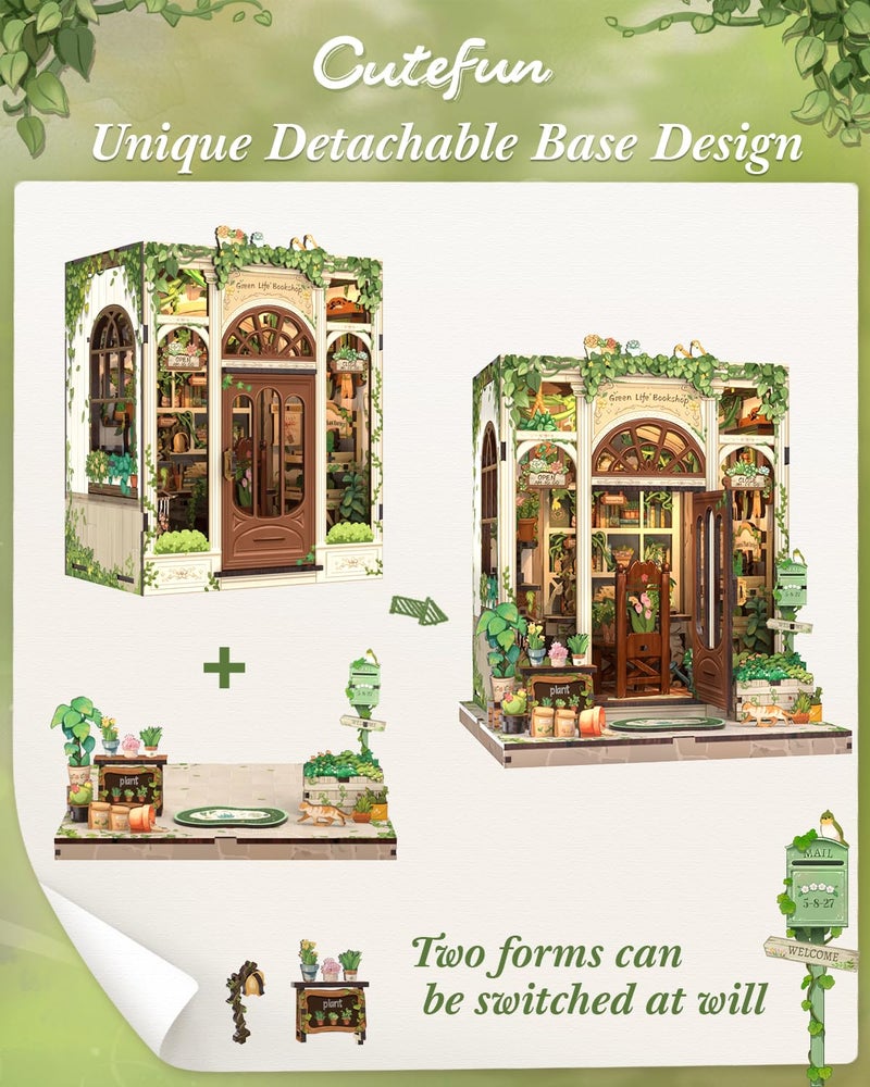 Cutefun Book Nook Kit - DIY Miniature Dollhouse Booknook Kit for Adults and Teens, 3D Wooden Puzzle Bookshelf Insert Decor with LED Light, Gifts for Book Lovers and Beginners (Green Life Bookshop) - Image 5