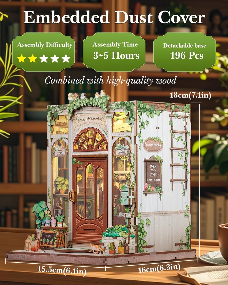 Cutefun Book Nook Kit - DIY Miniature Dollhouse Booknook Kit for Adults and Teens, 3D Wooden Puzzle Bookshelf Insert Decor with LED Light, Gifts for Book Lovers and Beginners (Green Life Bookshop) - Image 3