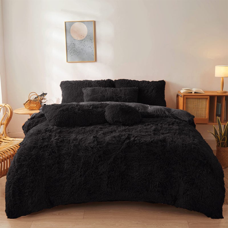 Black Fur Comforter Cover Set Queen  Ultra Soft Fluffy Plush Bedding Sets 3 Pieces 1 Faux Fur Duvet Cover  2 Faux Fur Pillow case Fluffy Bed Sets Black Queen