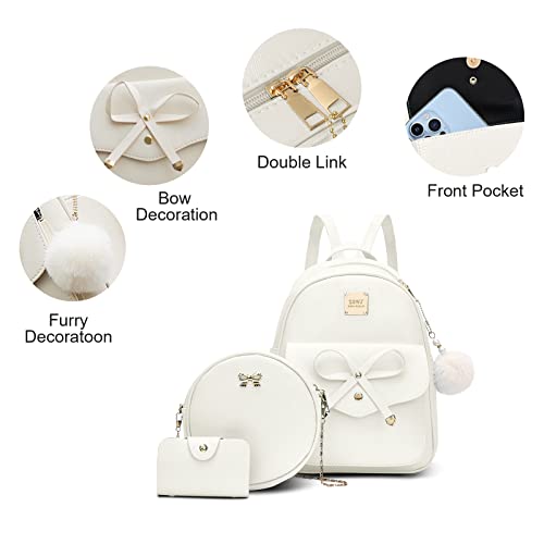 Aogist Mini Leather Backpack Purse 3-Pieces Fashion Bowknot Zipper Bags Cute Casual Travel Daypacks for Women (Beige) - Image 2