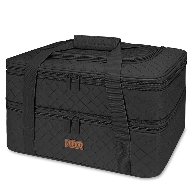 Vuudh Quilted Double Decker Casserole Carrier  Expandable Dish Carrying Case for Hot or Cold Food Lasagna Holder for Potluck Parties Picnic Beach Fits 913 Baking Dish Black