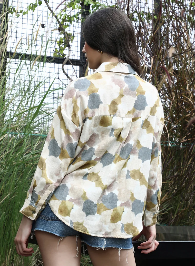 PINACOLADA  Women's Yellow Ochre Abstract-Imprint Oversized Shirt | نساء | أكمام طويلة | طبعة تجريدية | طوق منتشر | كاجوال كبير الحجم | قميص for Women | Best Price UAE