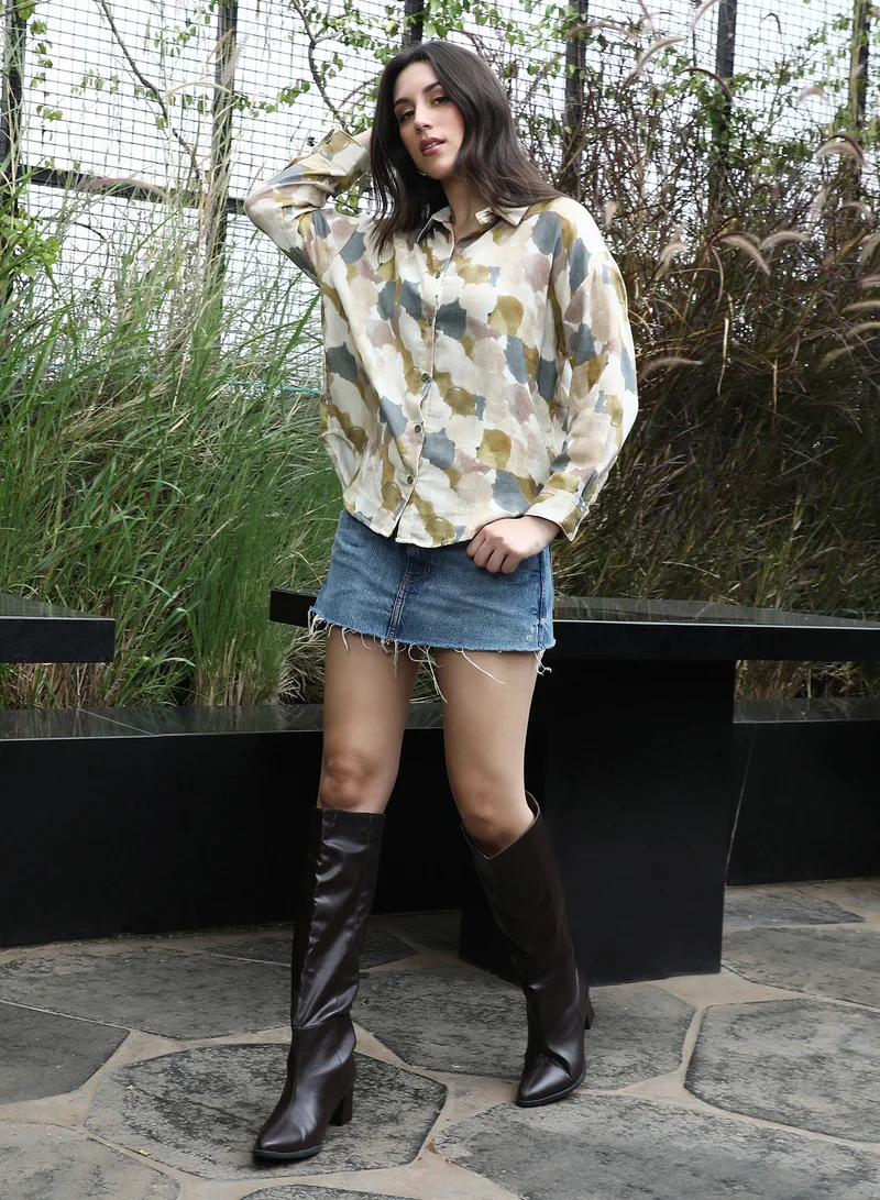 PINACOLADA  Women's Yellow Ochre Abstract-Imprint Oversized Shirt | نساء | أكمام طويلة | طبعة تجريدية | طوق منتشر | كاجوال كبير الحجم | قميص for Women | Best Price UAE