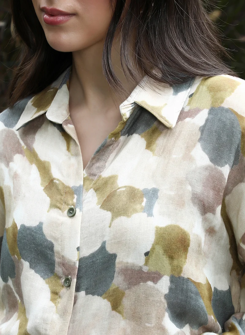 PINACOLADA  Women's Yellow Ochre Abstract-Imprint Oversized Shirt | نساء | أكمام طويلة | طبعة تجريدية | طوق منتشر | كاجوال كبير الحجم | قميص for Women | Best Price UAE