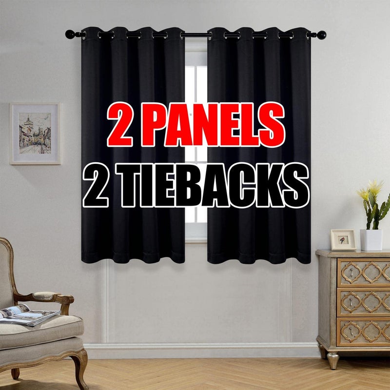 MIUCO Room Darkening Grommet Thermal Insulated Blackout Window Curtains Panels for Gilrs Room Window 1 Pair 52x63 Inch Black Bonus 2 Tie Backs Included
