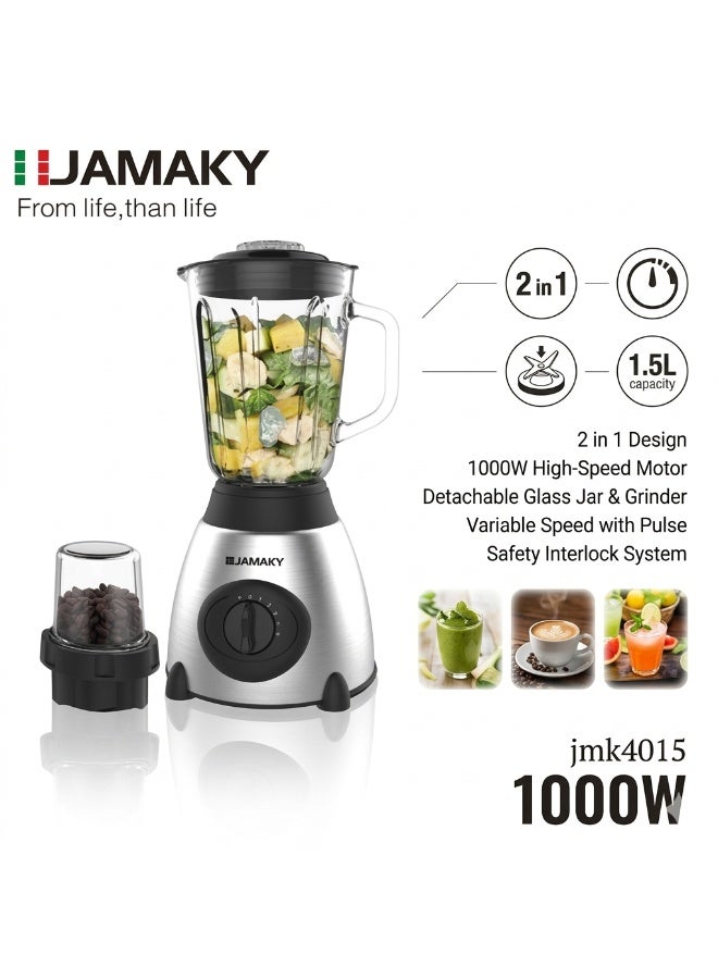 JAMAKY Jamaki 1000W 2-in-1 Blender - 1.5L Jar with Additional Grinder - Stainless Steel Blades and Multiple Speeds - Model JMK4015 - Image 2