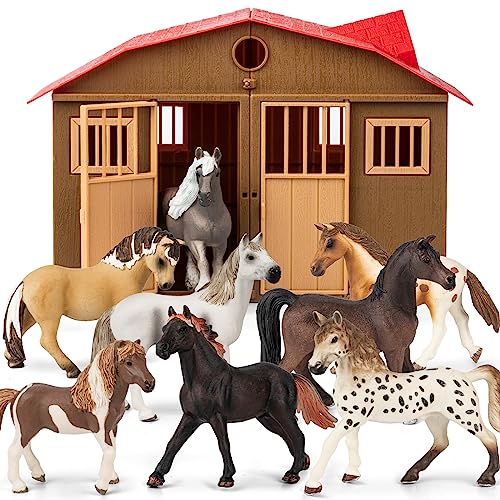 TikOnsYol 8 in 1 Horse Toy Set for Girl Age 612 8 Pcs Realistic 5 inch Plastic Horsse Figure with Stable Horrse Toy Figurine Farm Animal Gift for Boy Toddler Kid Horse Birthday Party Decoration Supplies - Image 1