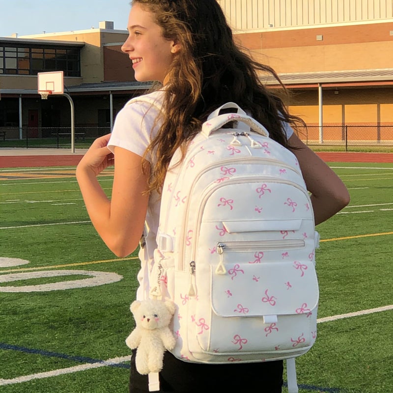 PRLINJSK Girls Backpack for College High Middle School Student, Cute Aesthetic Bookbag for Teens Women with Accessories, Beige Bow - Image 2