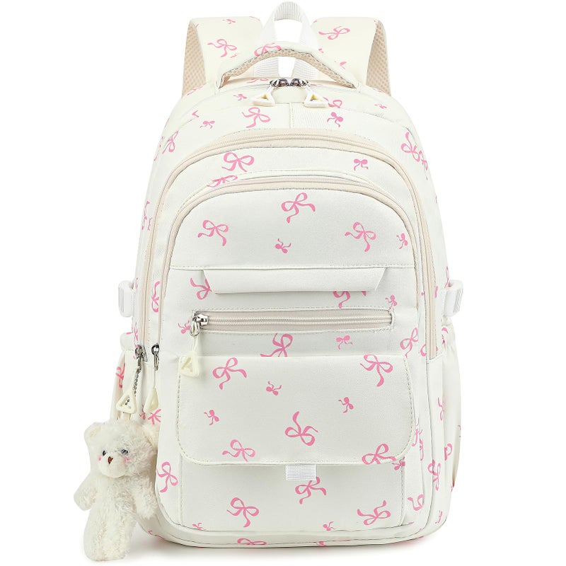 PRLINJSK Girls Backpack for College High Middle School Student, Cute Aesthetic Bookbag for Teens Women with Accessories, Beige Bow - Image 1
