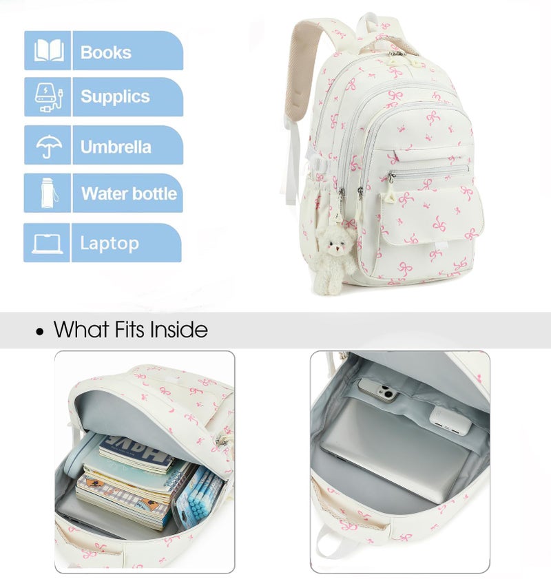PRLINJSK Girls Backpack for College High Middle School Student, Cute Aesthetic Bookbag for Teens Women with Accessories, Beige Bow - Image 4