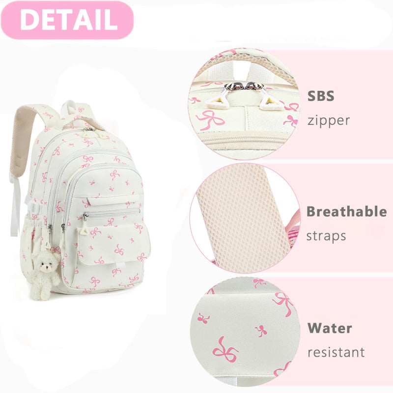 PRLINJSK Girls Backpack for College High Middle School Student, Cute Aesthetic Bookbag for Teens Women with Accessories, Beige Bow - Image 5