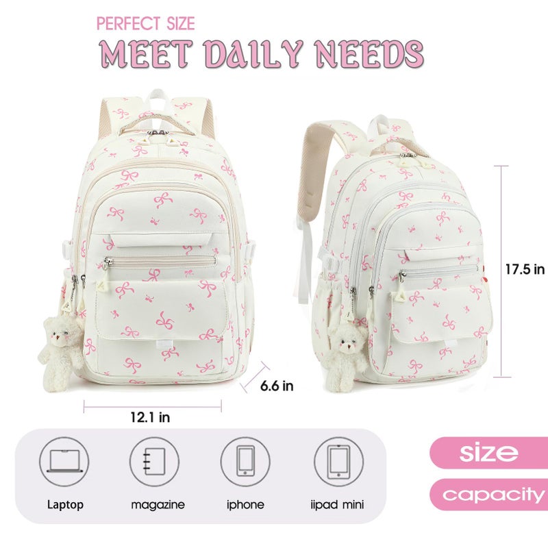 PRLINJSK Girls Backpack for College High Middle School Student, Cute Aesthetic Bookbag for Teens Women with Accessories, Beige Bow - Image 3