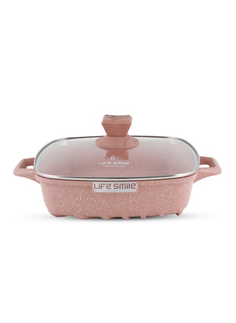 LIFE SMILE Shallow Casserole Cooking Pot with Lid | Non Stick PFOA FREE Granite Coating Frying Pan | Oven Safe | Dishwasher Safe | Double Handle (20cm, 2 Liters) Pink