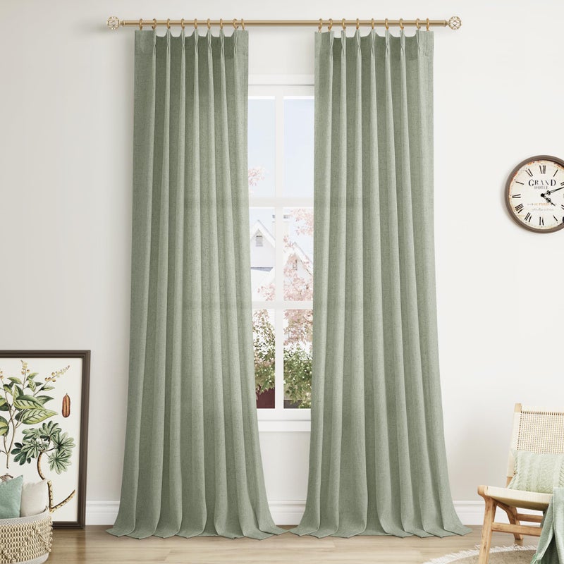 Aersas Sage Green Pinch Pleated Semi Sheer Curtains 108 Inches long for Living Room 2 Panels Set Green Linen Pleat Drapes Back Tab Farmhouse Boho Ceiling to Floor 108 Inch Curtains for Bedroom Window 9 FT - Image 1