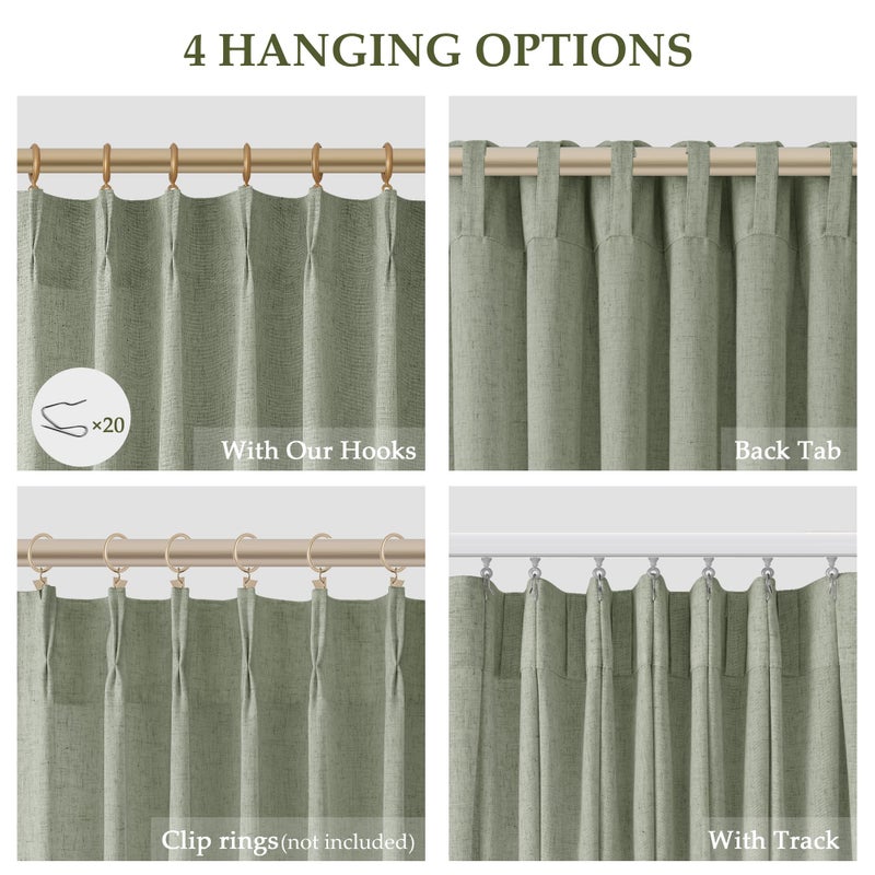 Aersas Sage Green Pinch Pleated Semi Sheer Curtains 108 Inches long for Living Room 2 Panels Set Green Linen Pleat Drapes Back Tab Farmhouse Boho Ceiling to Floor 108 Inch Curtains for Bedroom Window 9 FT - Image 2