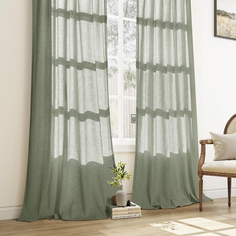 Aersas Sage Green Pinch Pleated Semi Sheer Curtains 108 Inches long for Living Room 2 Panels Set Green Linen Pleat Drapes Back Tab Farmhouse Boho Ceiling to Floor 108 Inch Curtains for Bedroom Window 9 FT - Image 5