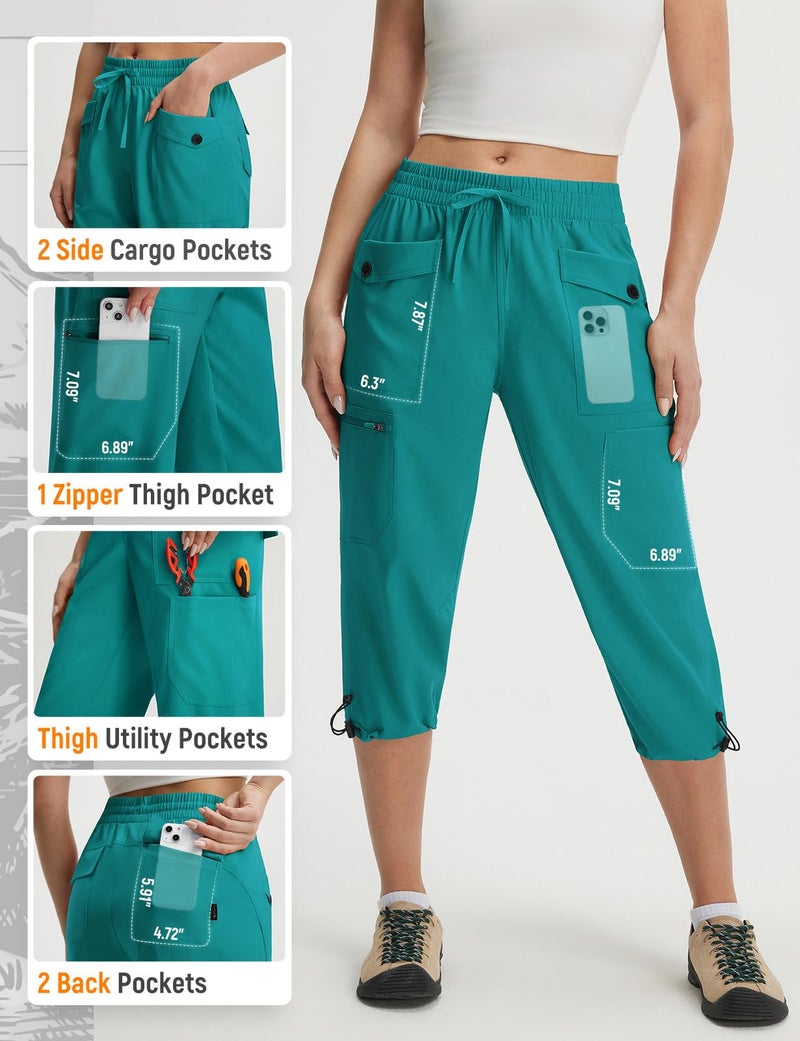 baleaf Women's Capri Pants with 7 Pockets Lightweight Quick Dry Water Resistant Hiking Travel Summer Capris Cargo Cropped Pants for Women Green L - Image 3
